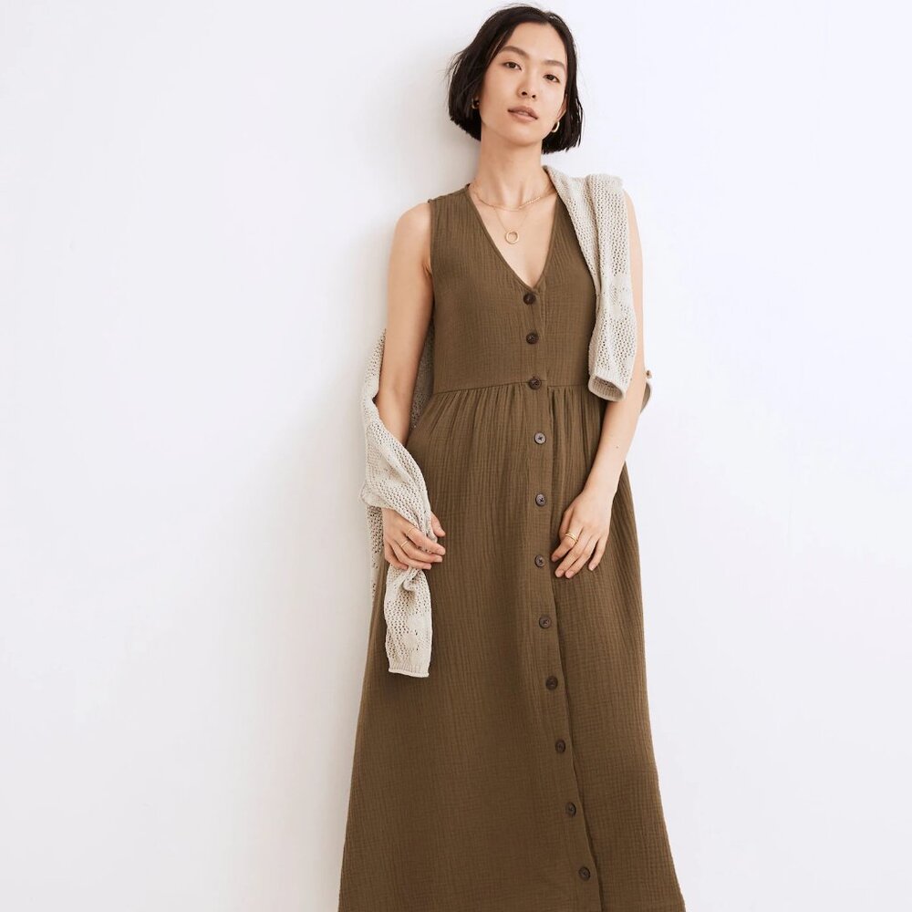 Madewell Lightspun Button-Front Tank Midi Dress - Kale Size XXS EUC